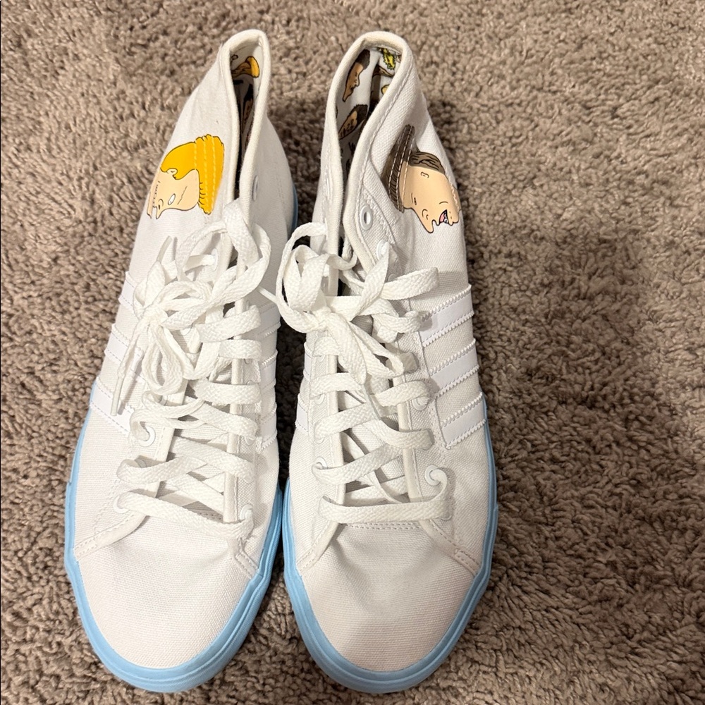 adidas White Canvas High-Top Sneakers with Light Blue Sole and Yellow Accent